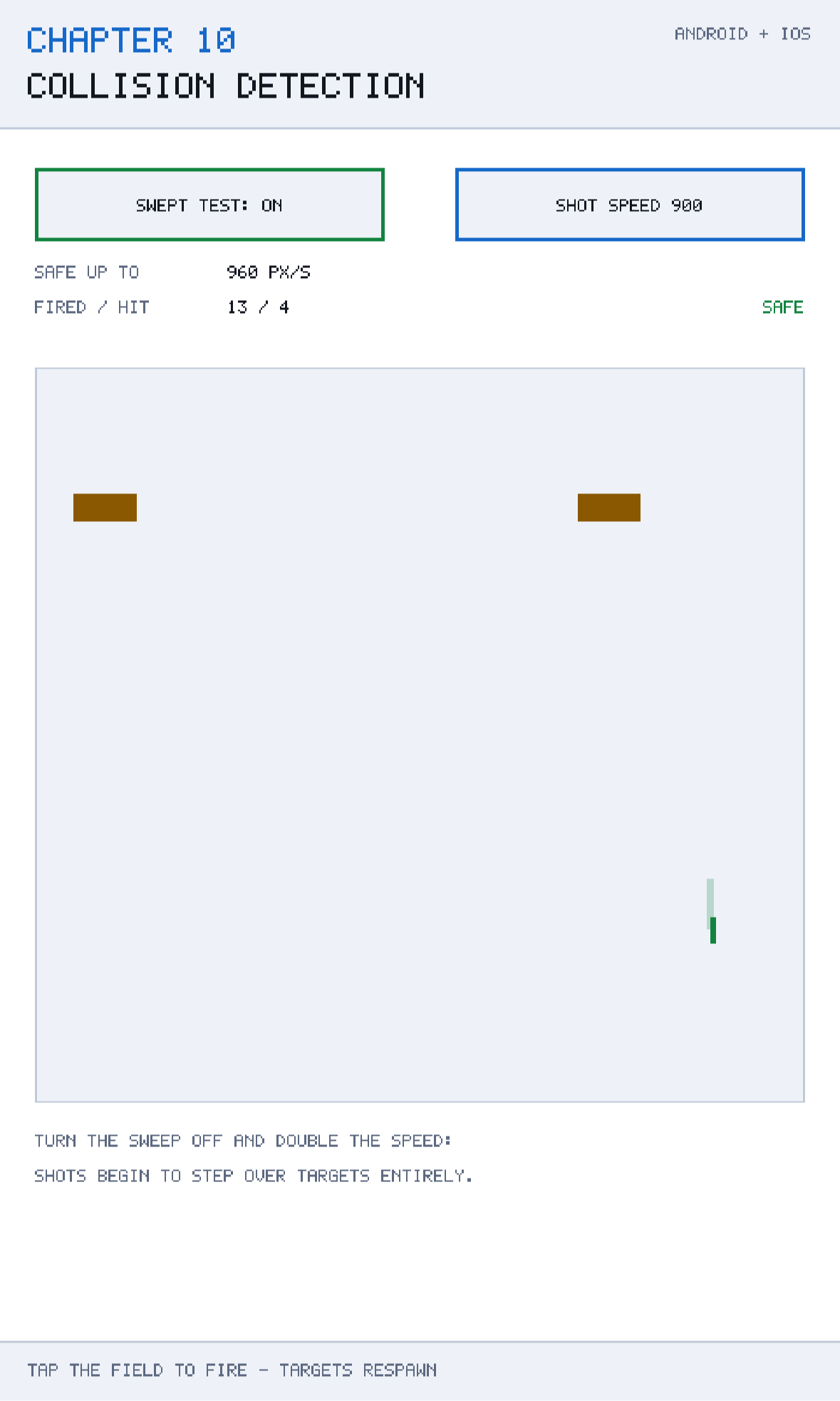 Chapter 10 running. The shot's travel this frame is drawn as a swept box; the counters report hits, misses and the computed tunnelling speed for the current target.