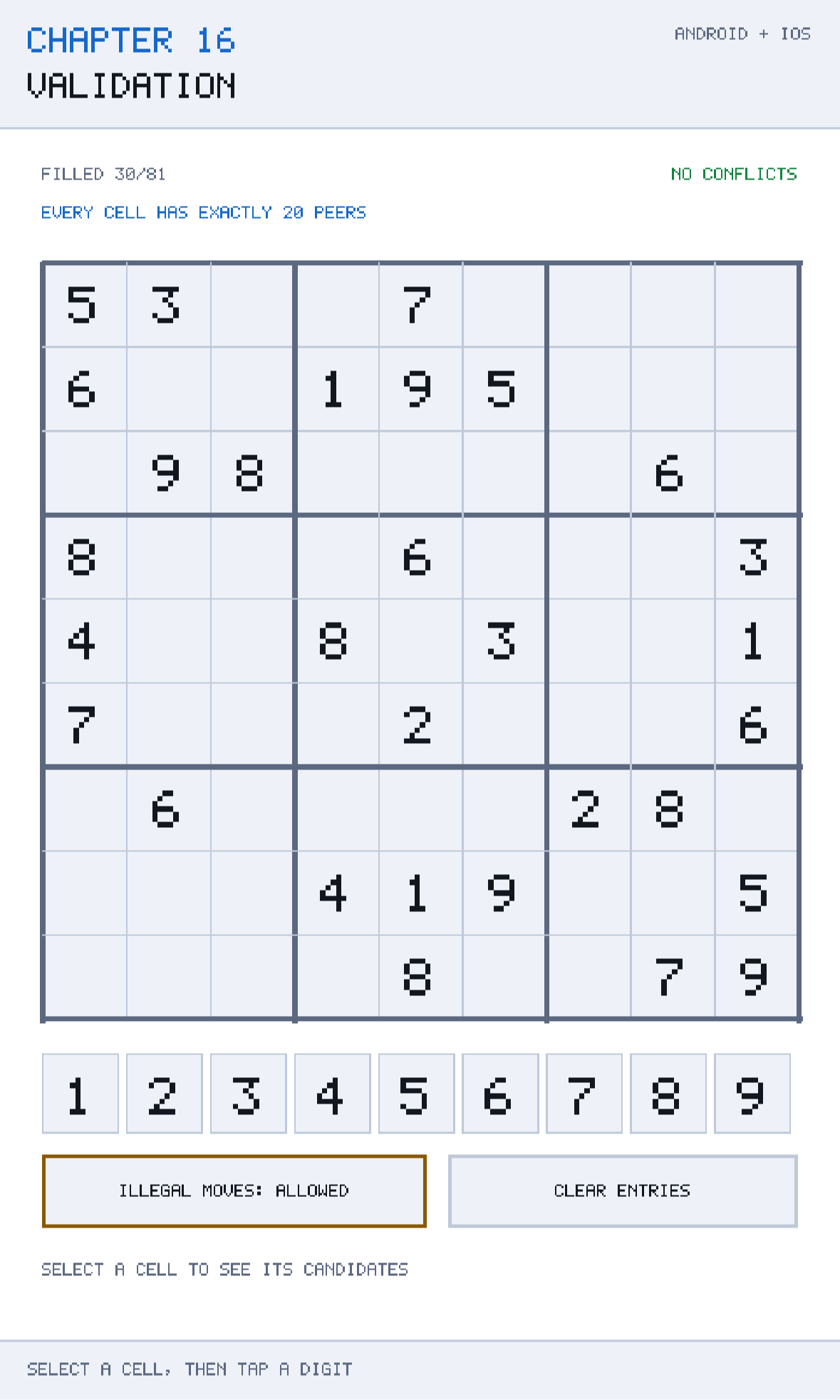 Chapter 16 running. Conflicting cells are highlighted at both ends; the panel shows the candidates still legal in the selected cell.