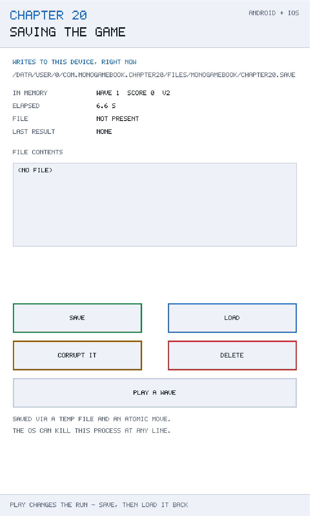 Chapter 20 running on Android. The save path is shown in full — a real directory inside the application's private storage — along with the file size and the outcome of the last operation.